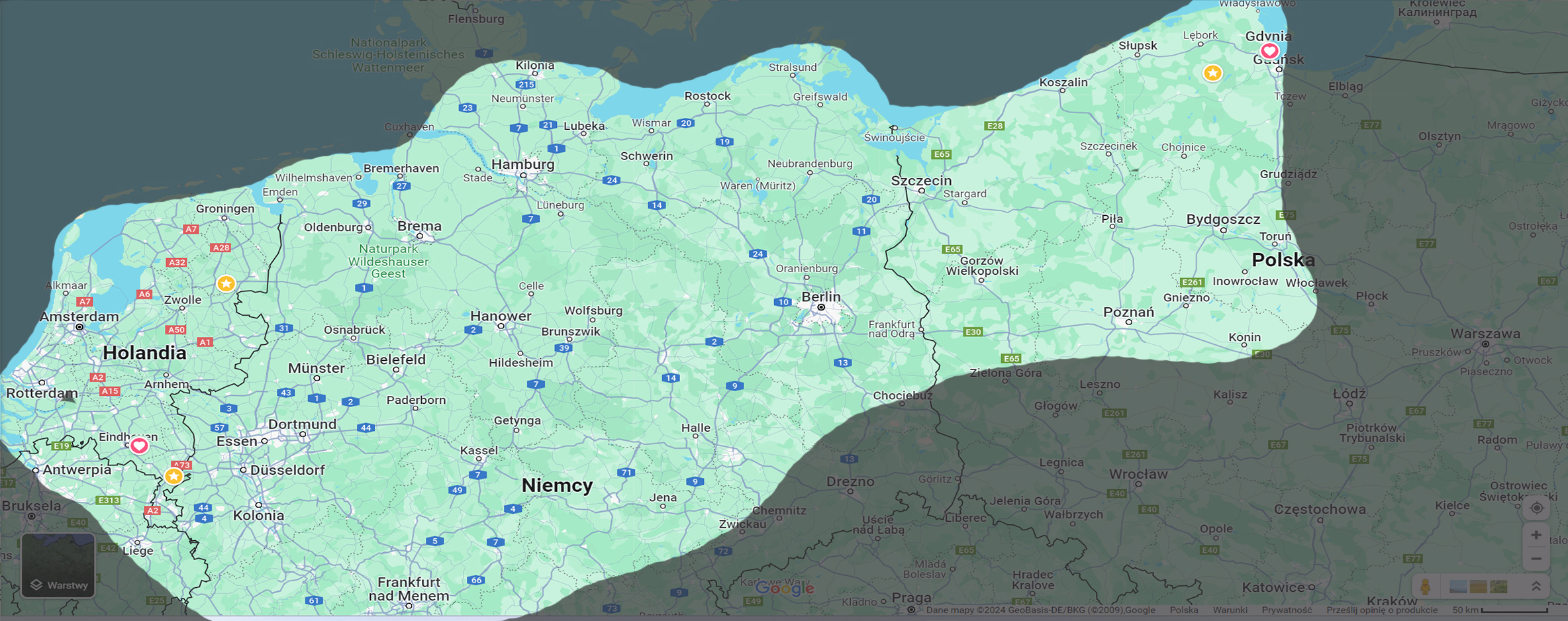 Mapa trasy przewozów Turbo Bus - Polska do Holandii i Niemiec